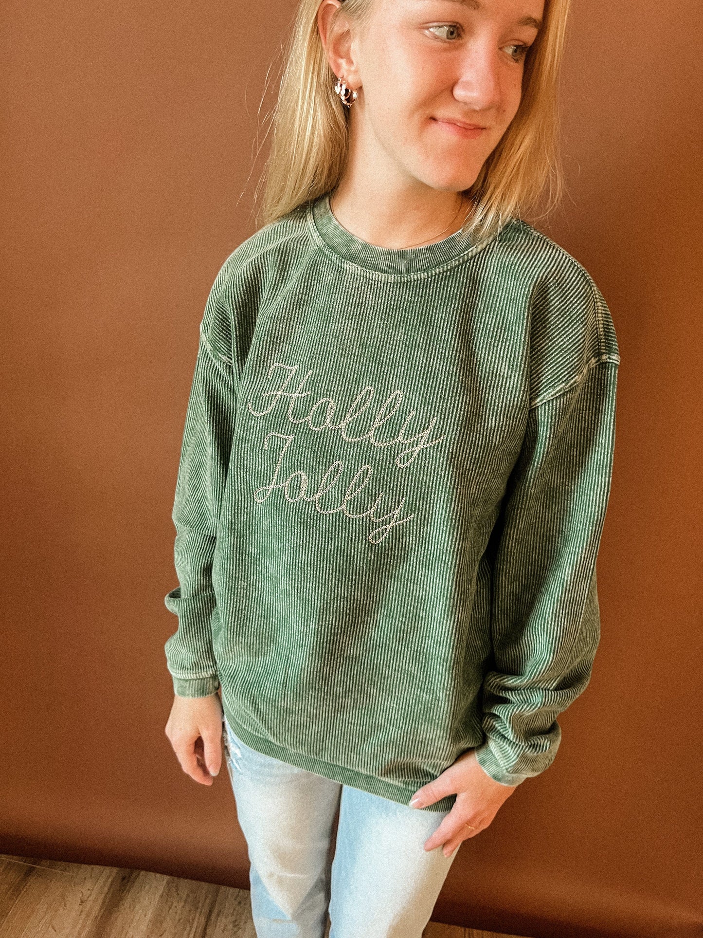 Embroidered Holly Jolly Corded Sweatshirt