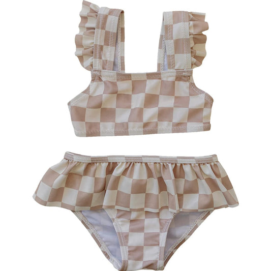 Taupe Checkered Ruffle Bikini