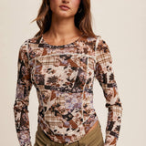 Floral Patchwork Mesh Long-Sleeve Layering Top