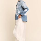 Flower Embroidered Button Front Wash Denim Shirt