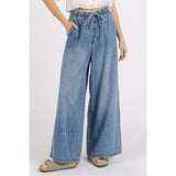 WASHED DENIM ELASTIC BUTTON FLY WIDE LEG PANTS