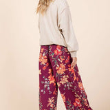FLOWER PRINT ELASTIC WAIST MID RISE WIDE LEG PANTS