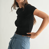 Black Short-Sleeved Micro-Ribbed Top
