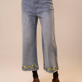 Light Wash Wide Leg Cuffed Embroidery Cropped Jean