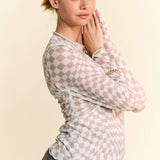 Checker Board Mesh Long Sleeve Layering Top