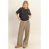 Taupe and Black Striped Knit Drawstring Lounge Pants