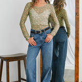 Vintage Floral Print Mesh Long Sleeve Top