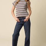 Brown & Blue Lizz Stripe Mock Neck Tee
