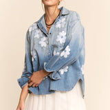 Flower Embroidered Button Front Wash Denim Shirt