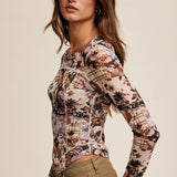 Floral Patchwork Mesh Long-Sleeve Layering Top
