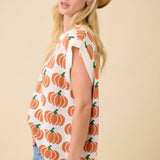 Pumpkin Print Sleevless Sweater Knit Top