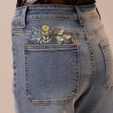 Light Wash Wide Leg Cuffed Embroidery Cropped Jean