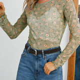 Vintage Floral Print Mesh Long Sleeve Top
