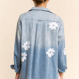 Flower Embroidered Button Front Wash Denim Shirt