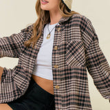 Plaid Front Button-Down Shacket W/ Patch Pocket