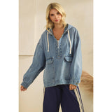 Med Wash Hooded Quarterzip Denim Jacket