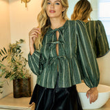 Corduroy Long Sleeve Bow Tie Front Peplum Blouse
