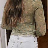 Vintage Floral Print Mesh Long Sleeve Top
