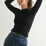 Black Long-Sleeved Micro-Ribbed Top
