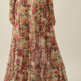 Floral-Print Mesh Tiered Ruffle Circle Maxi Skirt