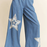 Denim Star Patchwork Elastic Waistband Pants