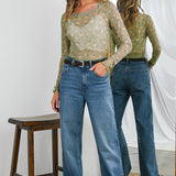 Vintage Floral Print Mesh Long Sleeve Top