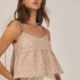 Floral Jacquard Tie Shoulder Flowy Babydoll Tank Top