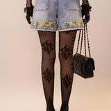 Light Wash High Rise Cuffed Embroidered Denim Shorts