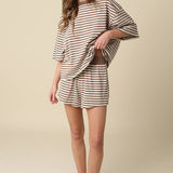 Brown Lena Striped Elastic-Waist Shorts