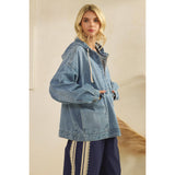 Med Wash Hooded Quarterzip Denim Jacket