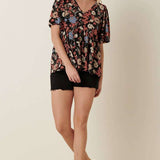 FLOWER PRINT V-NECK BABY DOLL KNIT BLOUSE