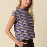 Purple & Olive Lizz Stripe Mock Neck Tee