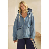 Med Wash Hooded Quarterzip Denim Jacket