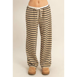 Taupe and Black Striped Knit Drawstring Lounge Pants