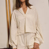 Pointelle Placket V-neckline Top