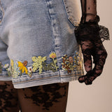 Light Wash High Rise Cuffed Embroidered Denim Shorts