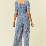 WIDE LEG SMOCKED PUFF SLEEVE JUMPSUIT