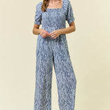 WIDE LEG SMOCKED PUFF SLEEVE JUMPSUIT