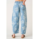 Floral Print Elastic Waist Barrel Jeans