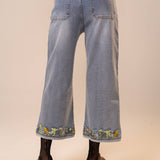 Light Wash Wide Leg Cuffed Embroidery Cropped Jean