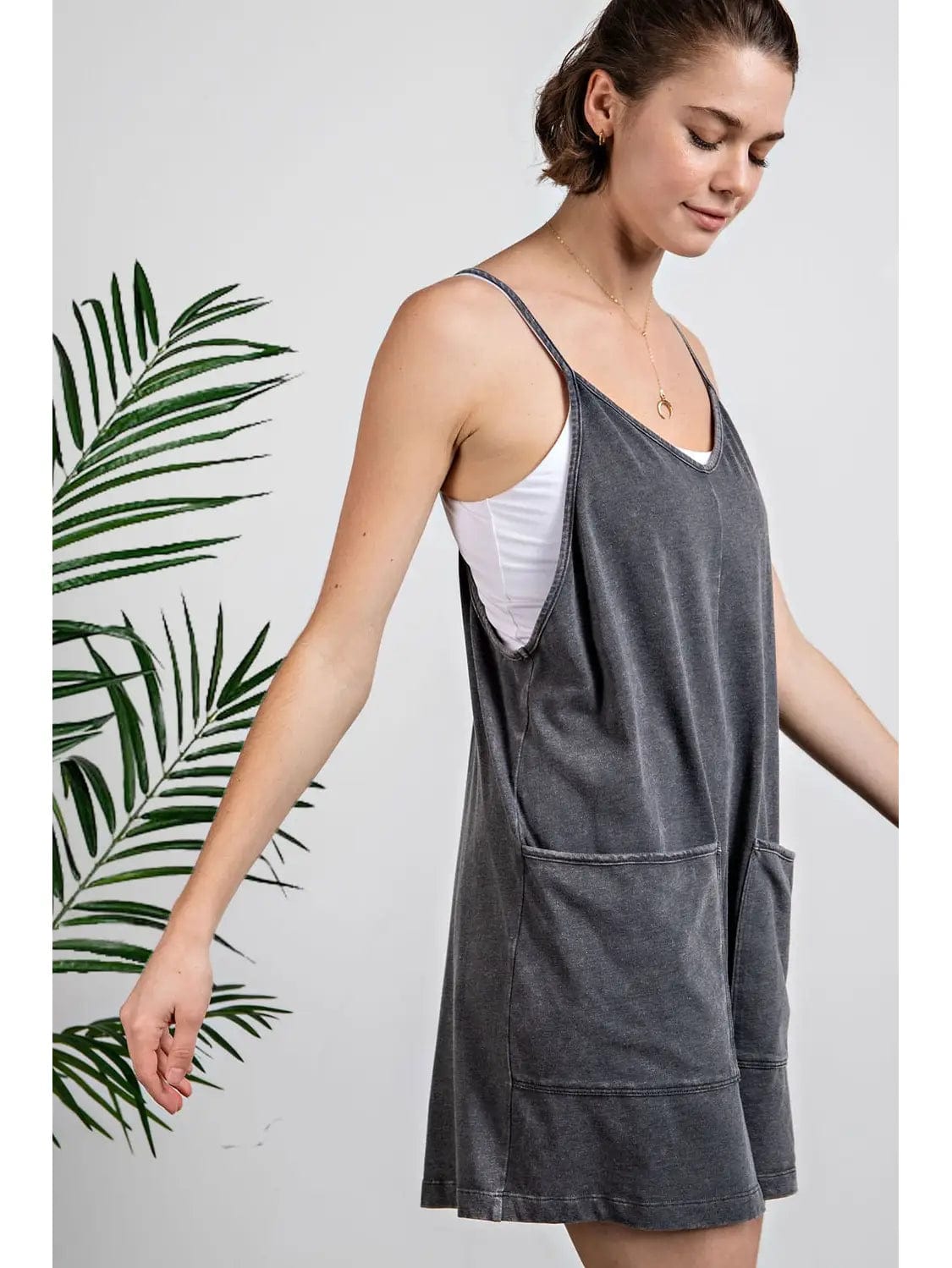 Black Mineral Washed Cotton Poly Romper