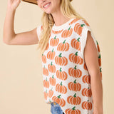 Pumpkin Print Sleevless Sweater Knit Top