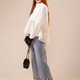 Light Wash Wide Leg Cuffed Embroidery Cropped Jean