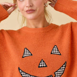 Pumpkin Face Patchwork Sweater Knit Top