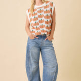 Pumpkin Print Sleevless Sweater Knit Top