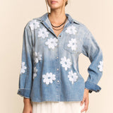 Flower Embroidered Button Front Wash Denim Shirt