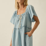 Tencel Denim Half-Button Flutter-Sleeve Babydoll Romper