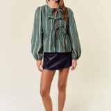 Corduroy Long Sleeve Bow Tie Front Peplum Blouse