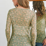 Vintage Floral Print Mesh Long Sleeve Top