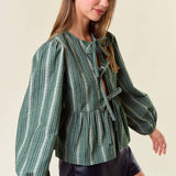 Corduroy Long Sleeve Bow Tie Front Peplum Blouse